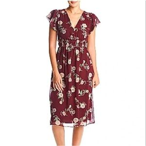 Max Studio Women’s XS Prudence Dark Floral Flutter Sleeve Dress Burgundy